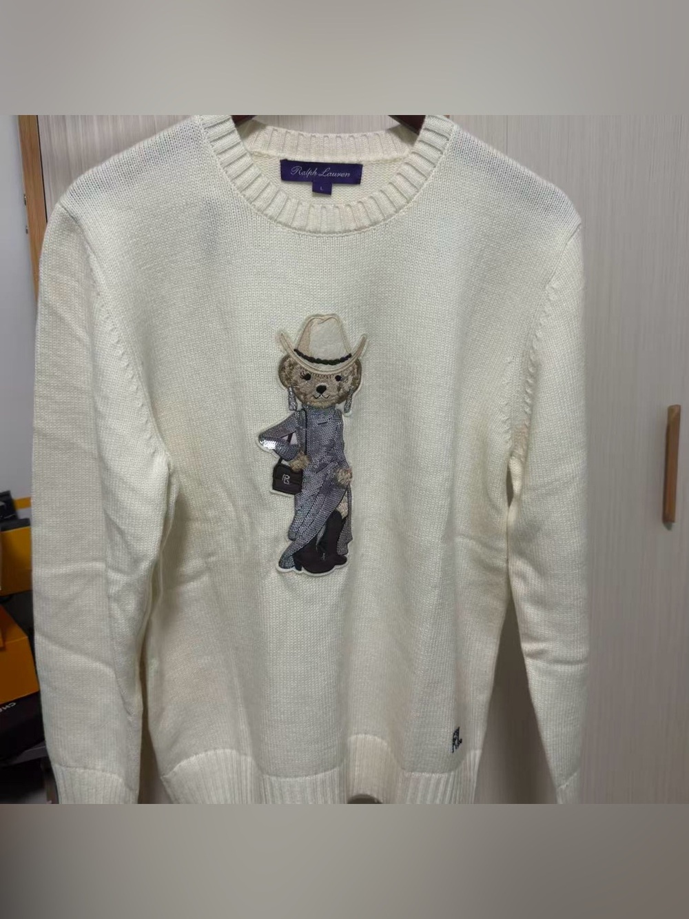 Polo by Ralph Lauren Cream Crewneck Sweater with Embroidered Bear